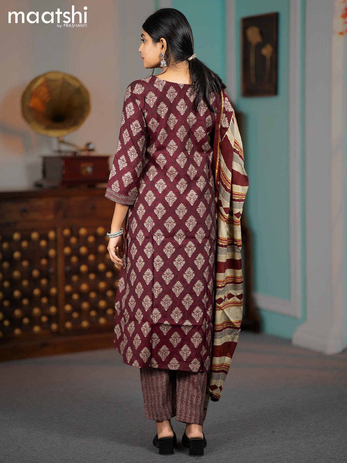 Modal readymade salwar suits maroon with butta prints & simple neck pattern and straight cut pant & dupatta