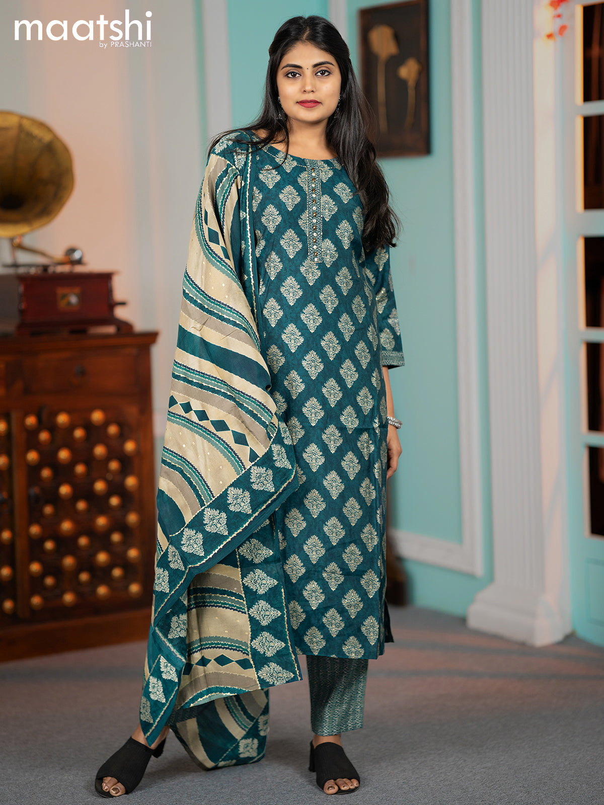 Modal readymade salwar suits peacock blue with butta prints & simple neck pattern and straight cut pant & dupatta