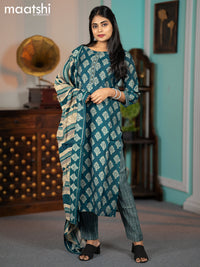 Modal readymade salwar suits peacock blue with butta prints & simple neck pattern and straight cut pant & dupatta