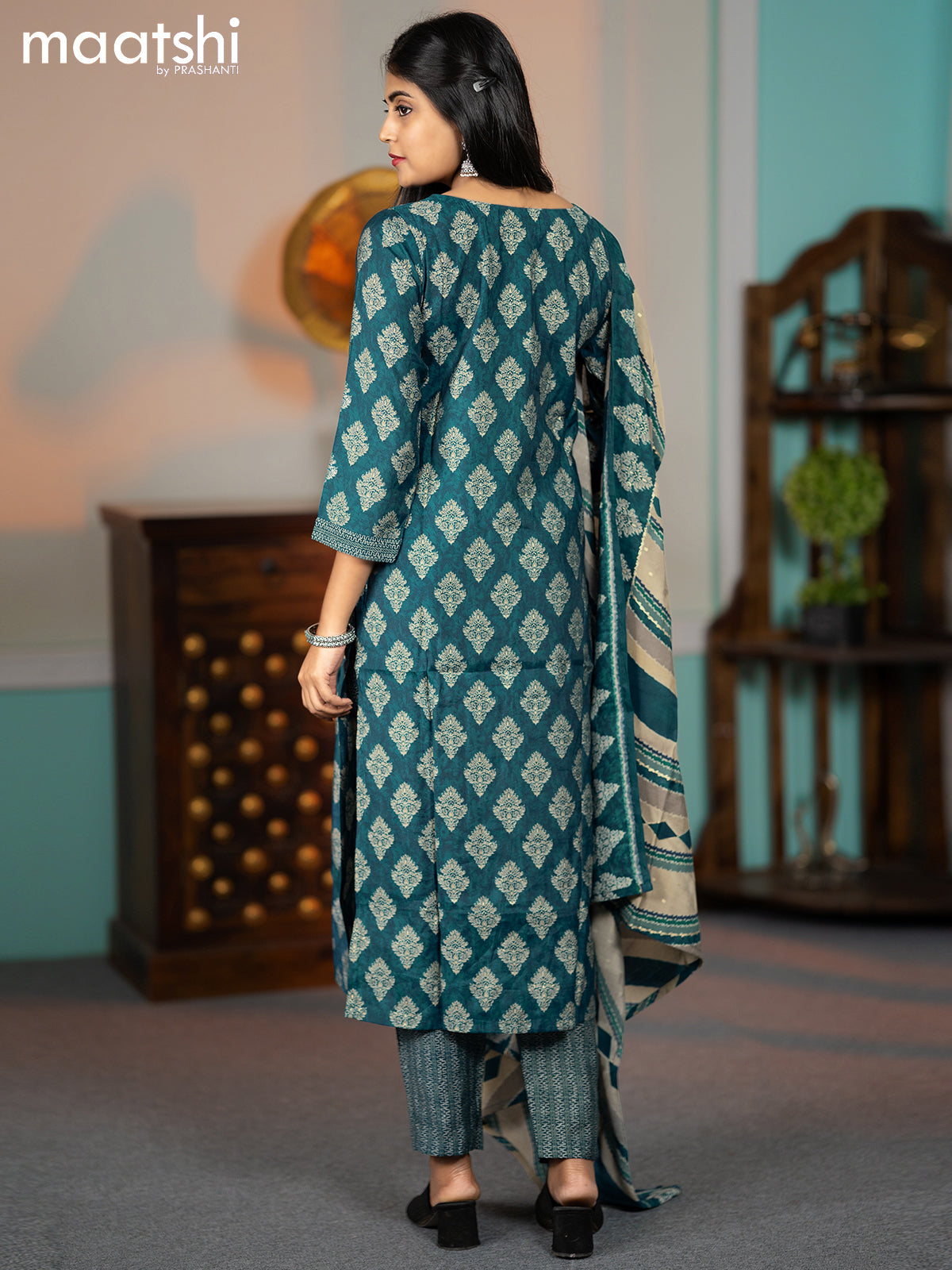 Modal readymade salwar suits peacock blue with butta prints & simple neck pattern and straight cut pant & dupatta