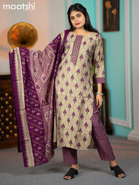 Modal readymade salwar suits grey and purple with ikat butta prints & mirror work neck pattern and straight cut pant & dupatta