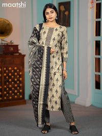 Modal readymade salwar suits grey and black with ikat butta prints & mirror work neck pattern and straight cut pant & dupatta