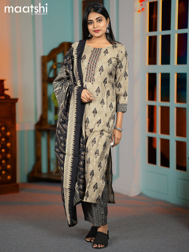 Modal readymade salwar suits grey and black with ikat butta prints & mirror work neck pattern and straight cut pant & dupatta