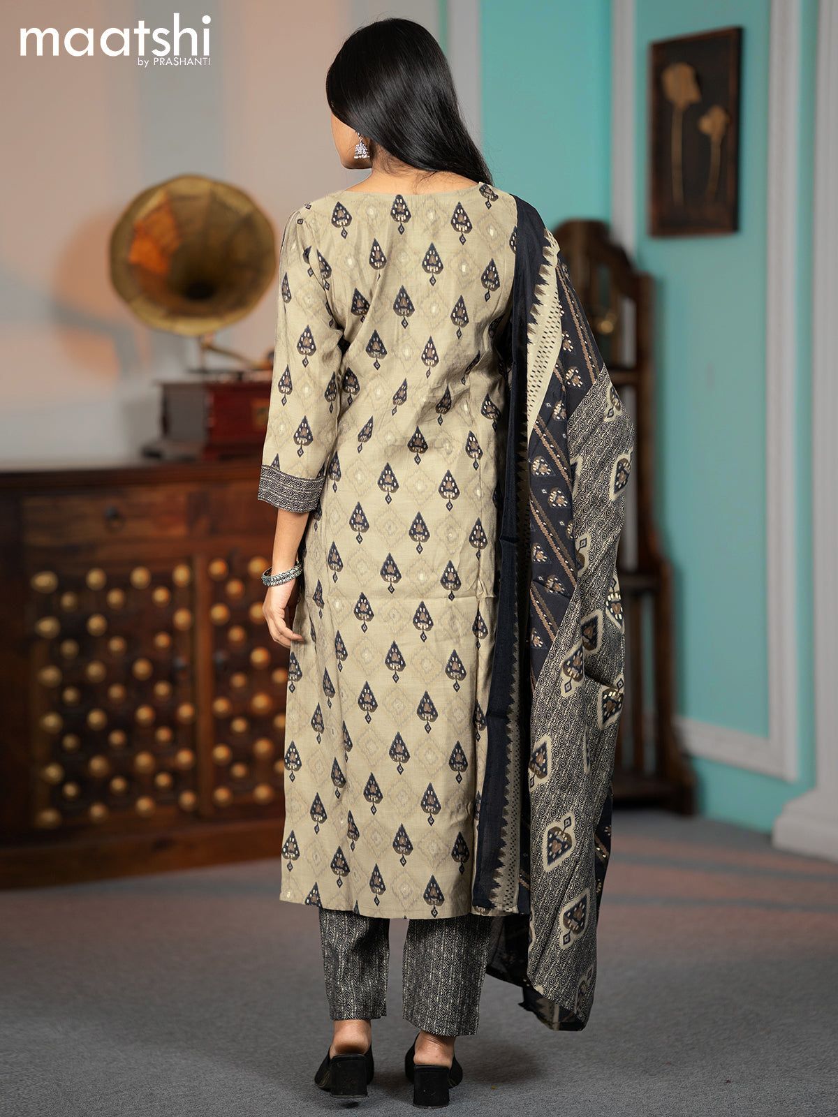 Modal readymade salwar suits grey and black with ikat butta prints & mirror work neck pattern and straight cut pant & dupatta
