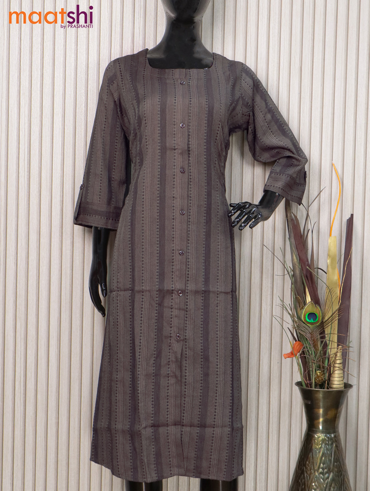 Cotton readymade kurti brown with allover thread weaves & simple neck pattern without pant