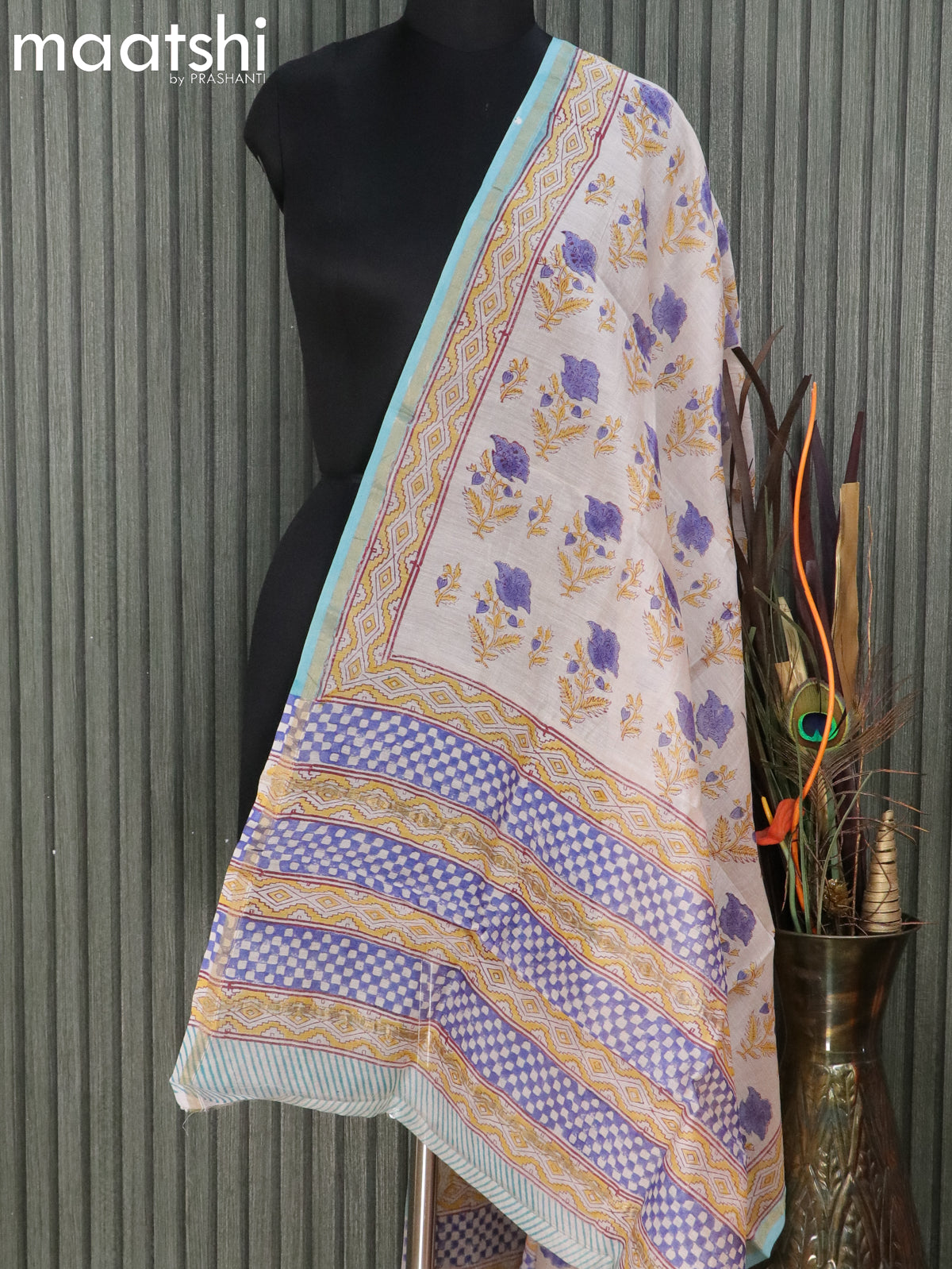 Chanderi dupatta off white and light blue with floral butta prints and small zari woven border