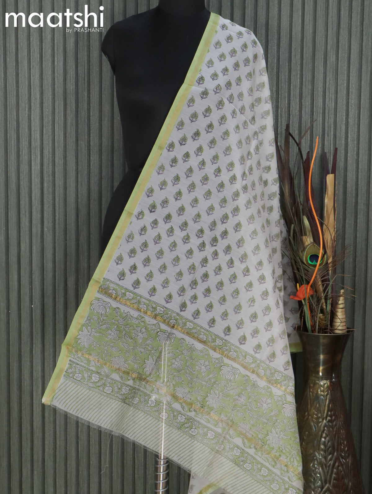 Chanderi dupatta off white and light green with butta prints and small zari woven border