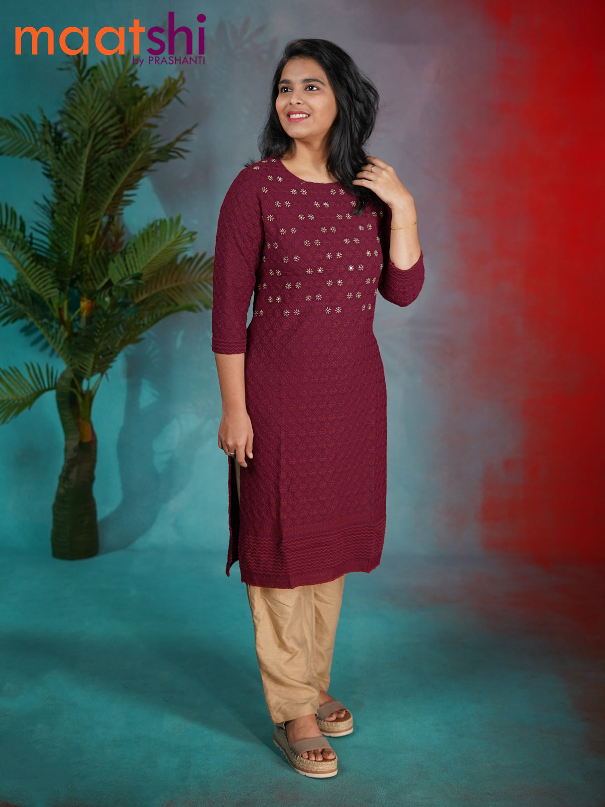 Soft cotton readymade kurti maroon with allover chikankari & beaded work neck pattern without pant