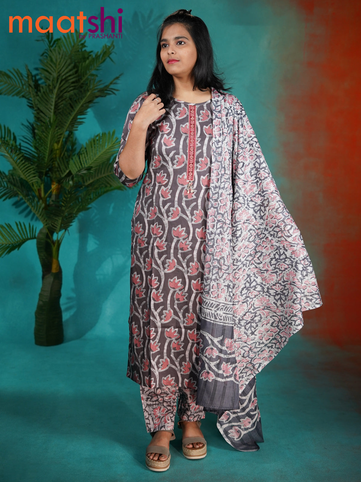 Modal readymade kurti set grey and off white with allover batik prints & sequin gotapatti lace work neck pattern and straight cut pant & cotton dupatta