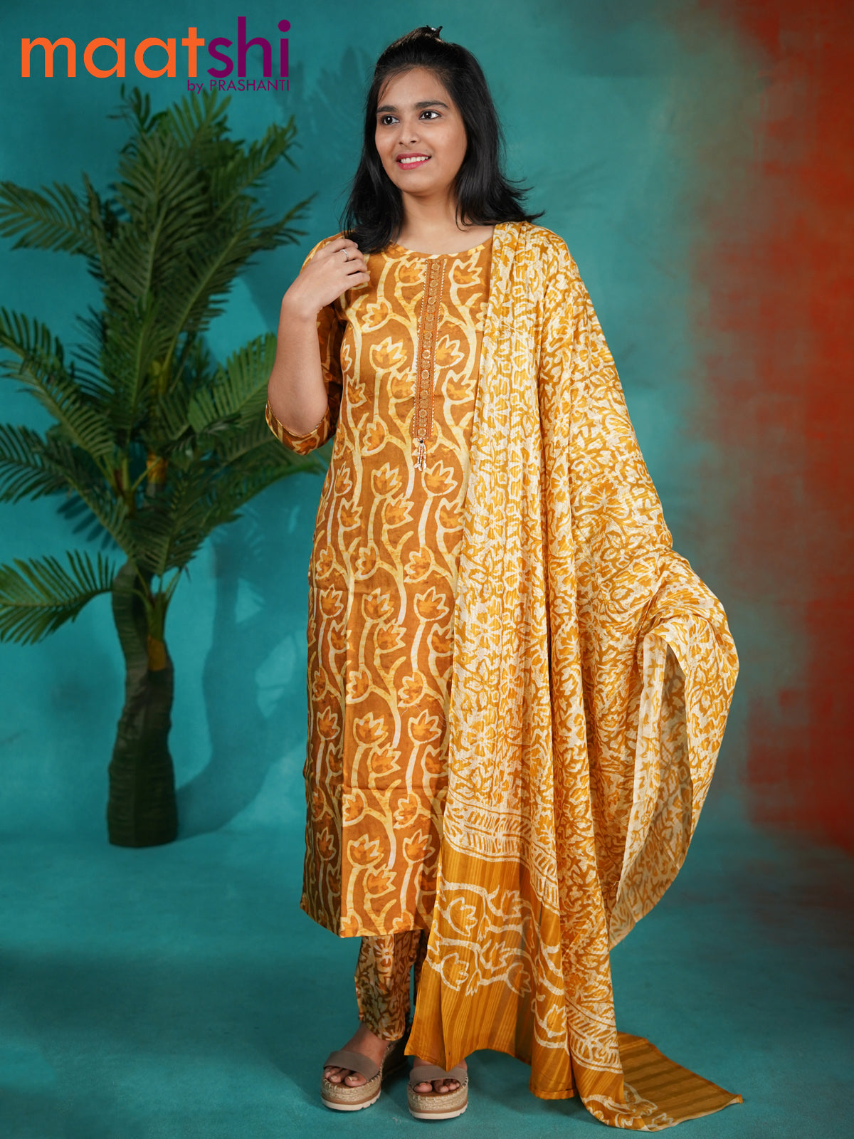 Modal readymade kurti set dark mustard and pale yellow with allover batik prints & sequin gotapatti lace work neck pattern and straight cut pant & cotton dupatta