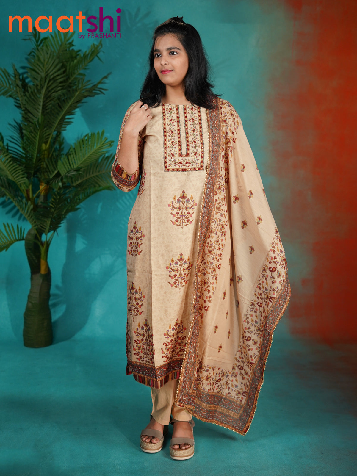 Modal readymade kurti set beige with allover prints & mirror work neck pattern and straight cut pant & cotton dupatta