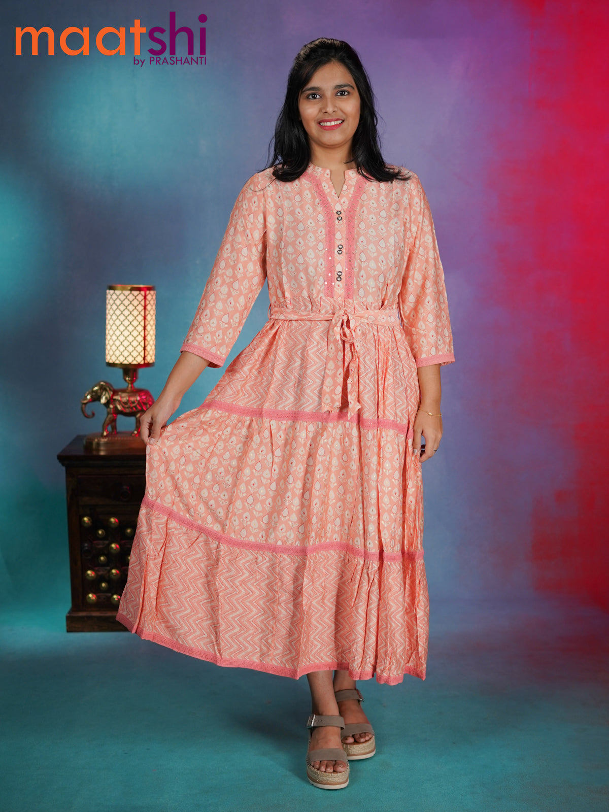 Muslin readymade umbrella kurti peach orange with allover prints & lace work neck pattern without pant