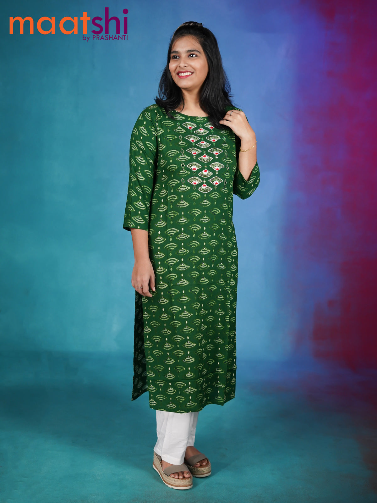 Modal readymade kurti green with allover butta prints & mirror embroidery work neck pattern without pant