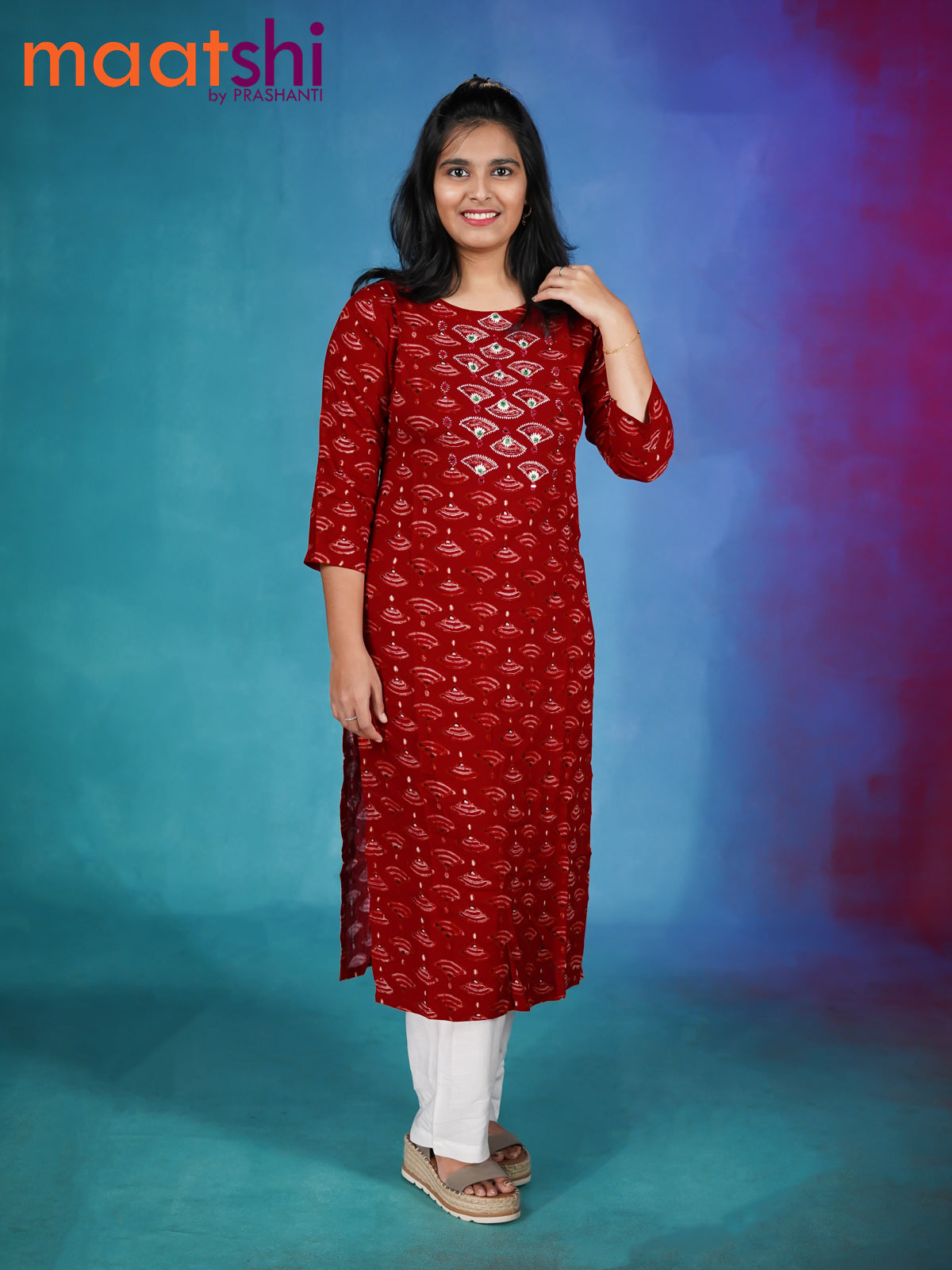 Modal readymade kurti red with allover butta prints & mirror embroidery work neck pattern without pant