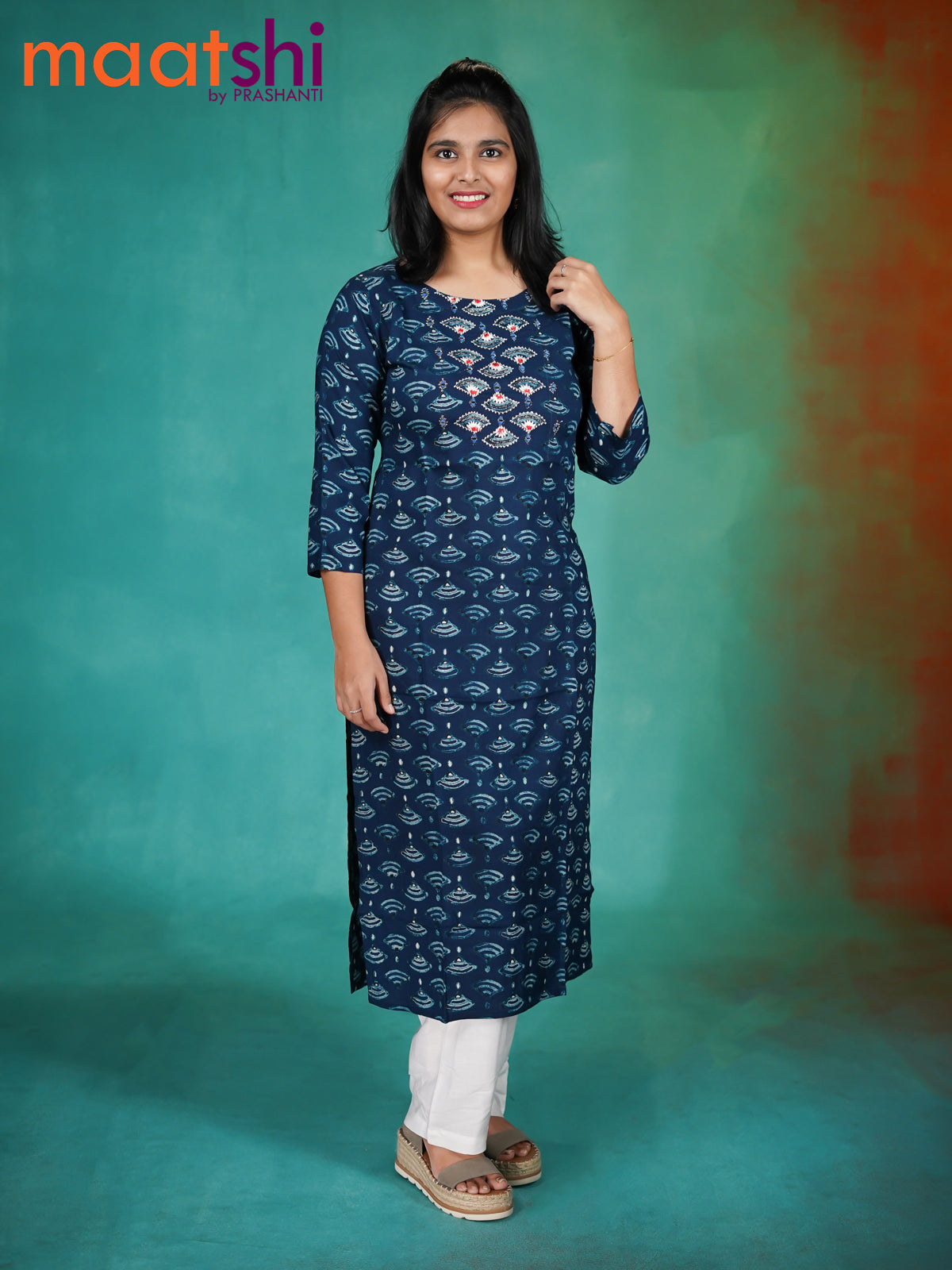 Modal readymade kurti dark blue with allover butta prints & mirror embroidery work neck pattern without pant