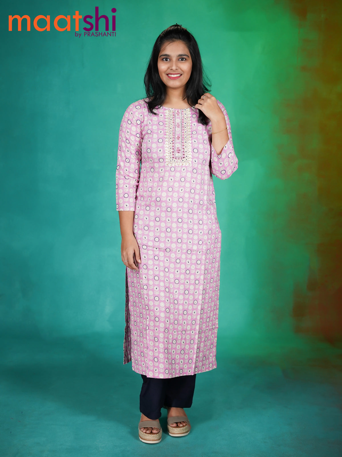 Modal readymade kurti light pink with allover butta prints & mirror embroidery work neck pattern without pant