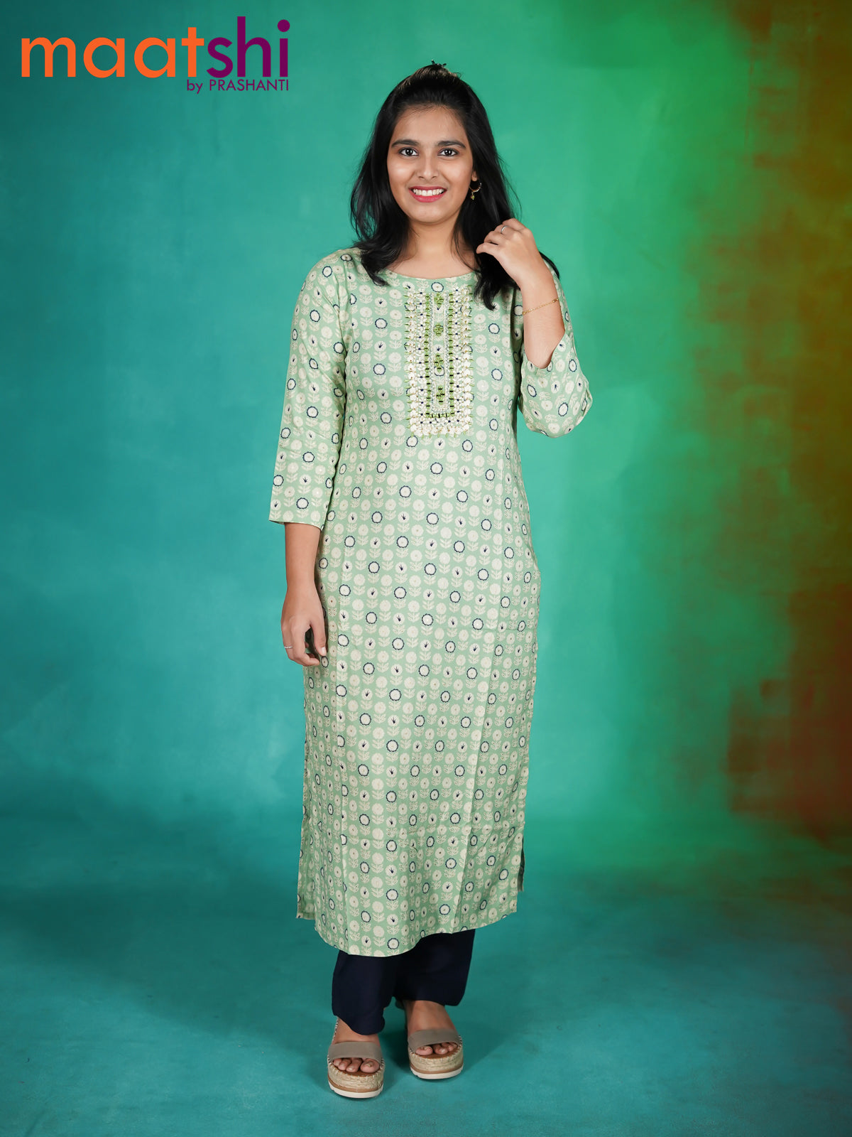 Modal readymade kurti teal green with allover floral prints & embroidery work neck pattern without pant