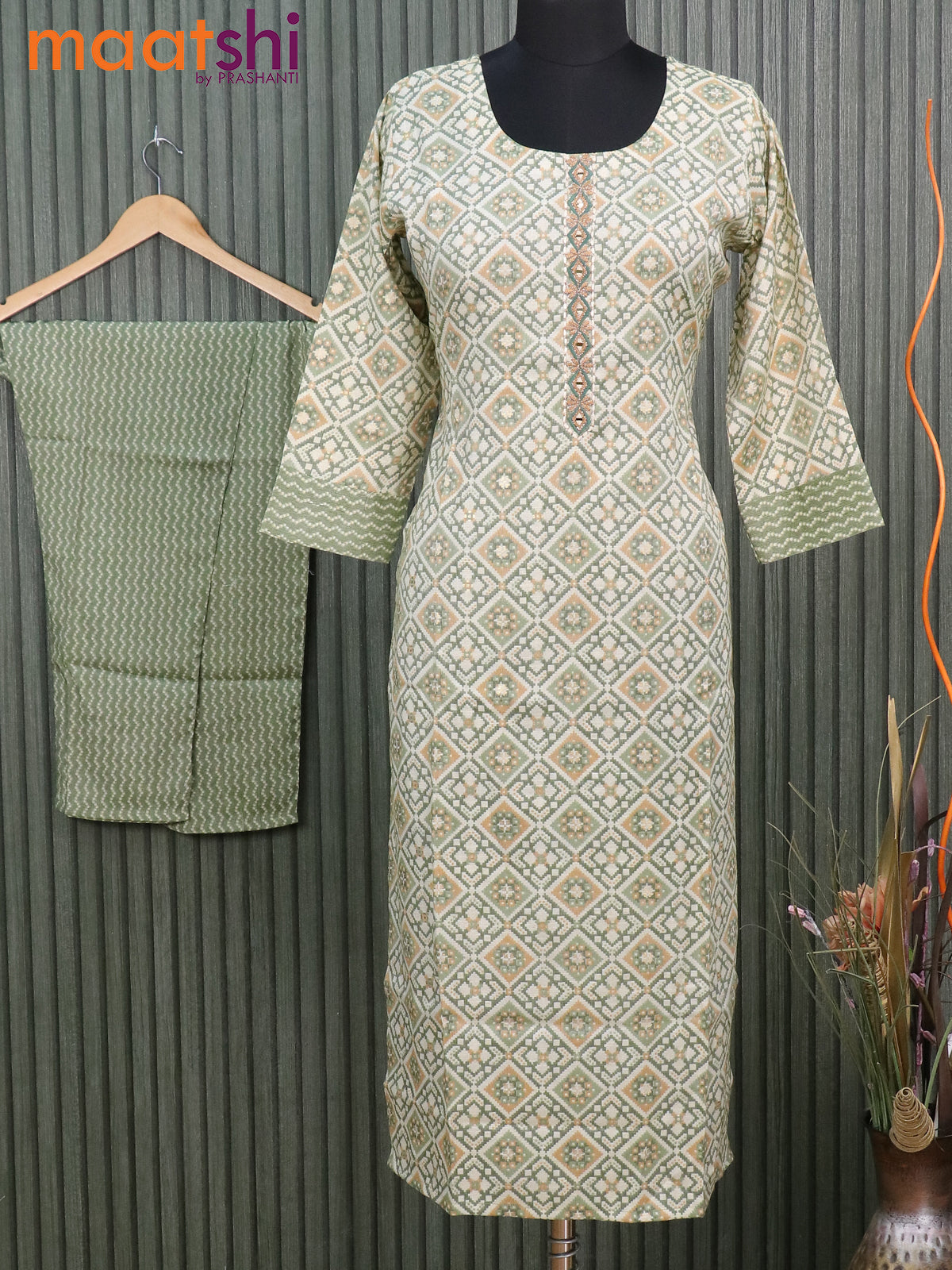 Soft cotton readymade kurti beige and green with allover ikat prints & embroidery work neck pattern and straight cut pant