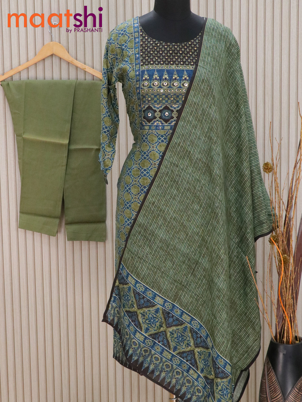 Muslin readymade kurti set sap green with allover prints & stone work neck pattern and straight cut pant & dupatta - muslin