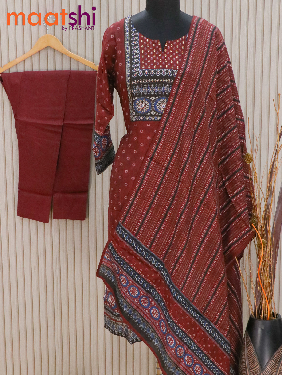 Muslin readymade kurti set deep maroon and black with allover prints & stone work neck pattern and straight cut pant & dupatta - muslin