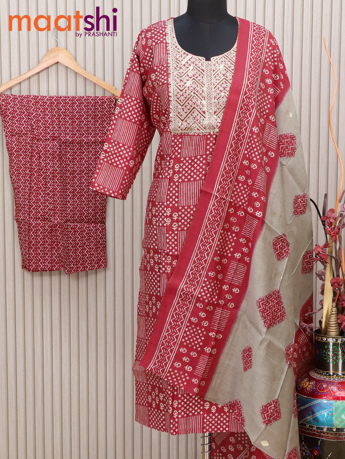 Muslin readymade kurti set red with allover prints & embroidery sequin work neck pattern and straight cut pant & printed dupatta