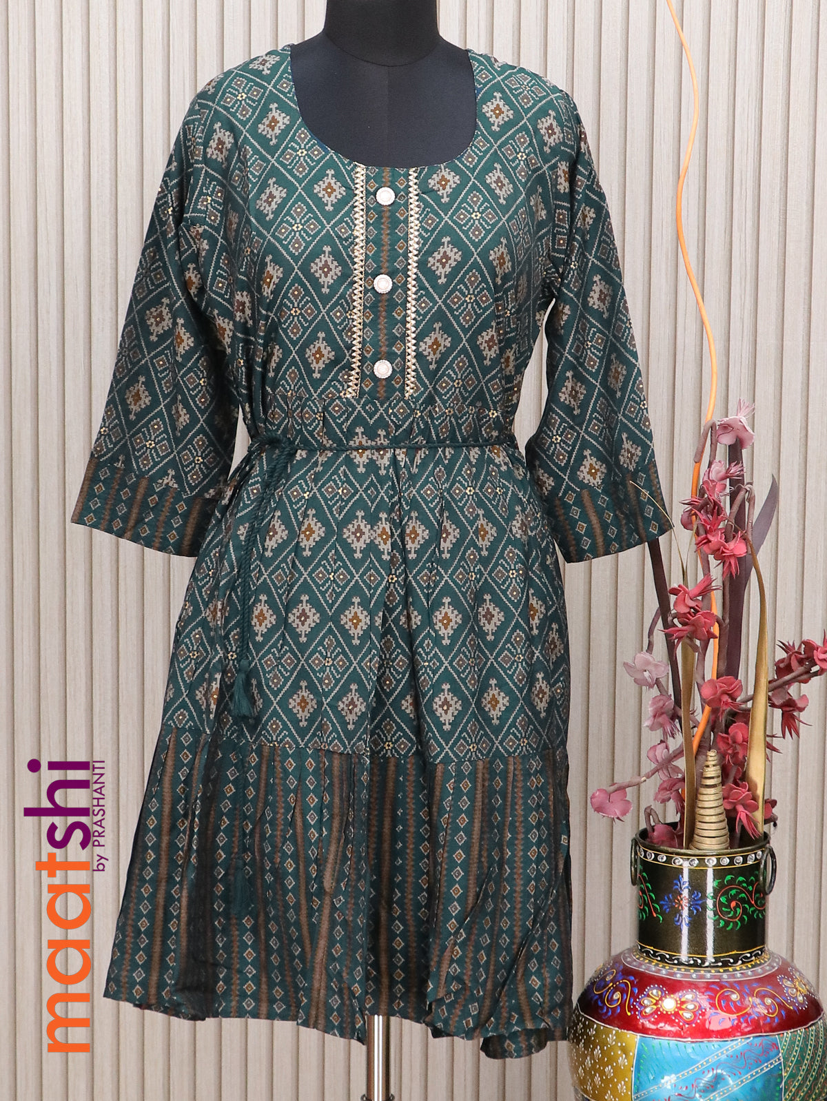 Muslin readymade short umbrella kurti peacock blue with allover patola & lace work neck pattern without pant