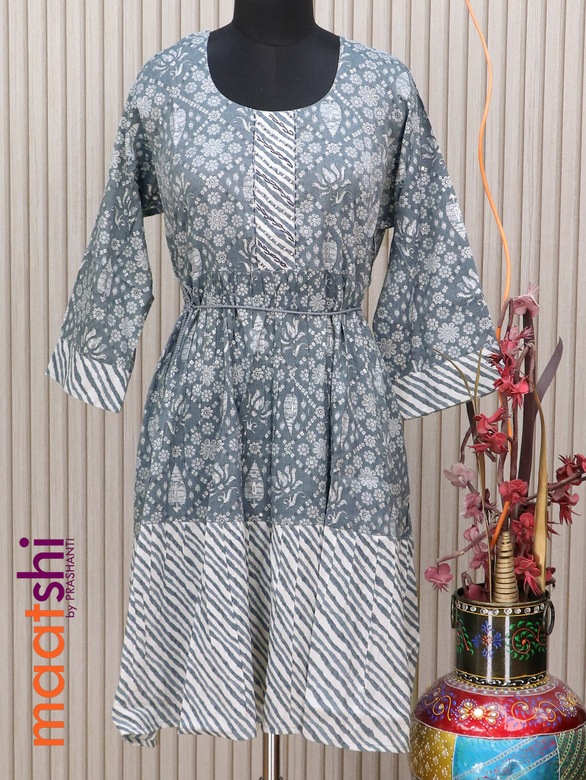 Cotton readymade short umbrella kurti grey with allover floral batik prints & embroidery work neck pattern without pant