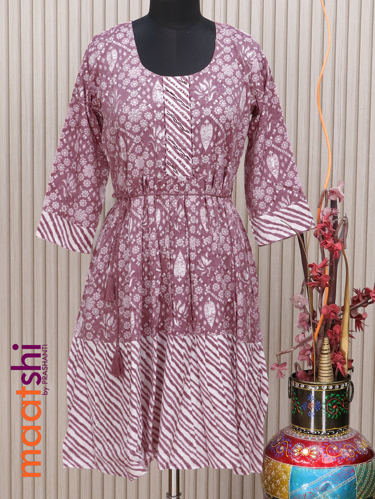 Cotton readymade short umbrella kurti mauve pink with allover floral batik prints & embroidery work neck pattern without pant