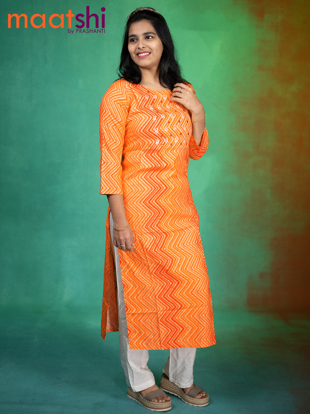 Soft cotton readymade kurti orange with allover zig zag prints & embroidery work neck pattern without pant