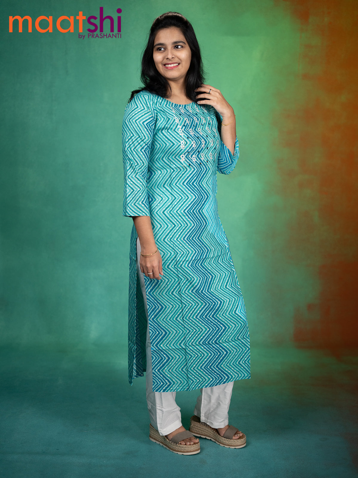 Soft cotton readymade kurti light blue with allover zig zag prints & embroidery work neck pattern without pant