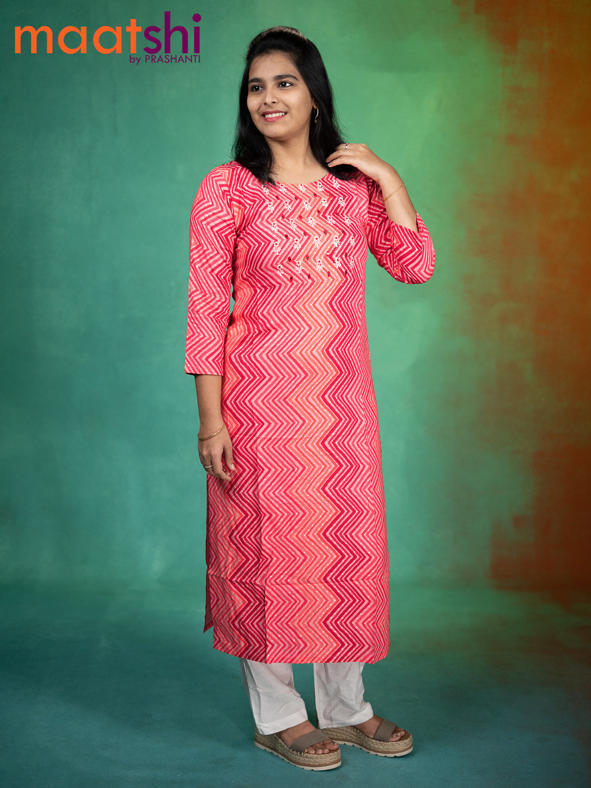 Soft cotton readymade kurti peach pink with allover zig zag prints & embroidery work neck pattern without pant