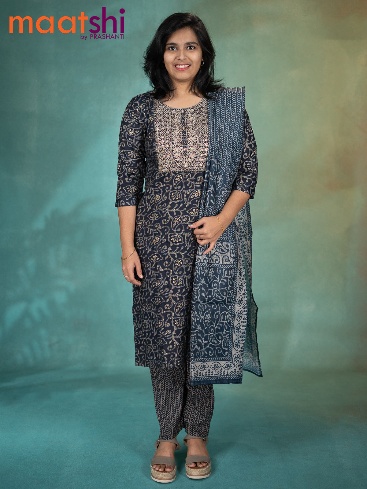 Slub cotton readymade kurti set navy blue with allover prints & sequin work neck pattern and straight cut pant & chanderi dupatta