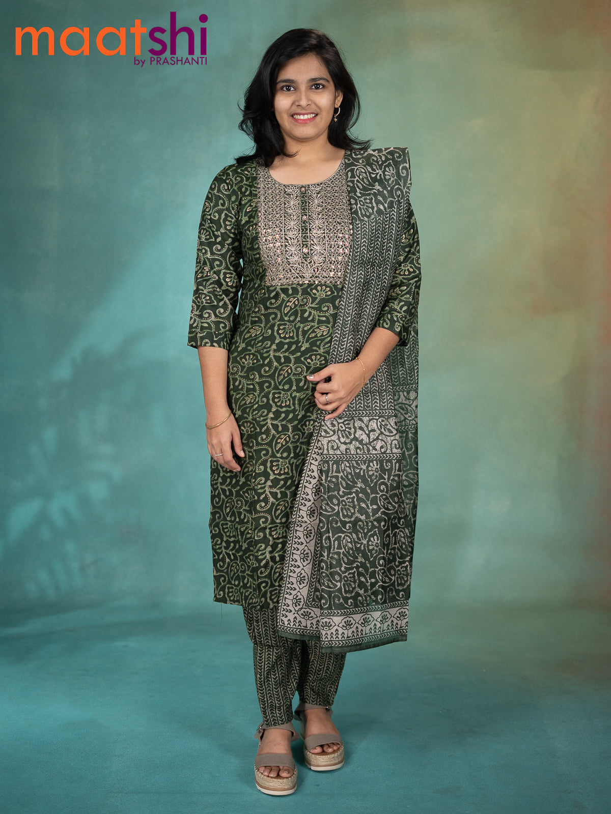 Slub cotton readymade kurti set bottle green with allover prints & sequin work neck pattern and straight cut pant & chanderi dupatta