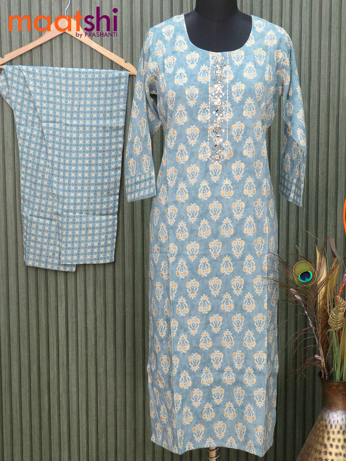 Satin cotton readymade kurti pastel blue with allover prints & mirror work neck pattern and straight cut pant