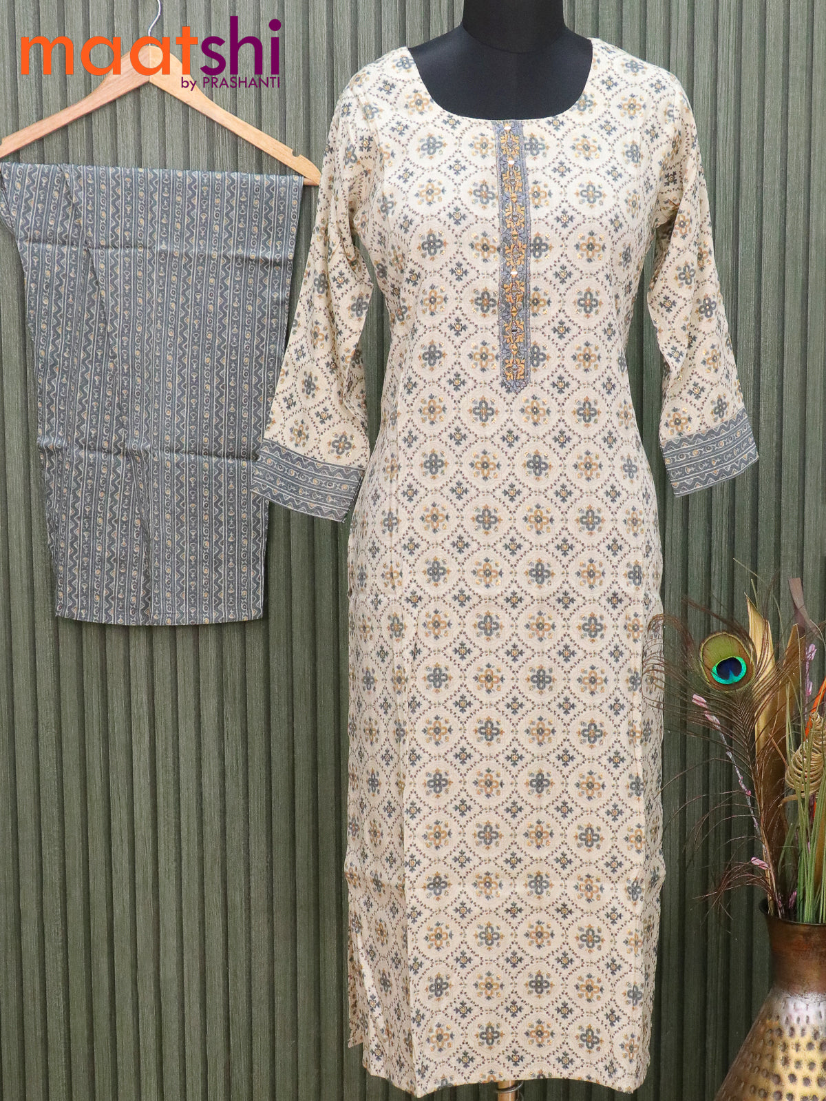 Satin cotton readymade kurti cream and grey with allover prints & embroidery patch work neck pattern and straight cut pant