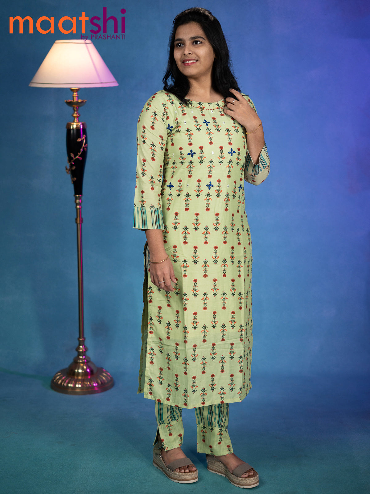 Modal readymade kurti pista green with allover floral prints & mirror work neck pattern and straight cut pant