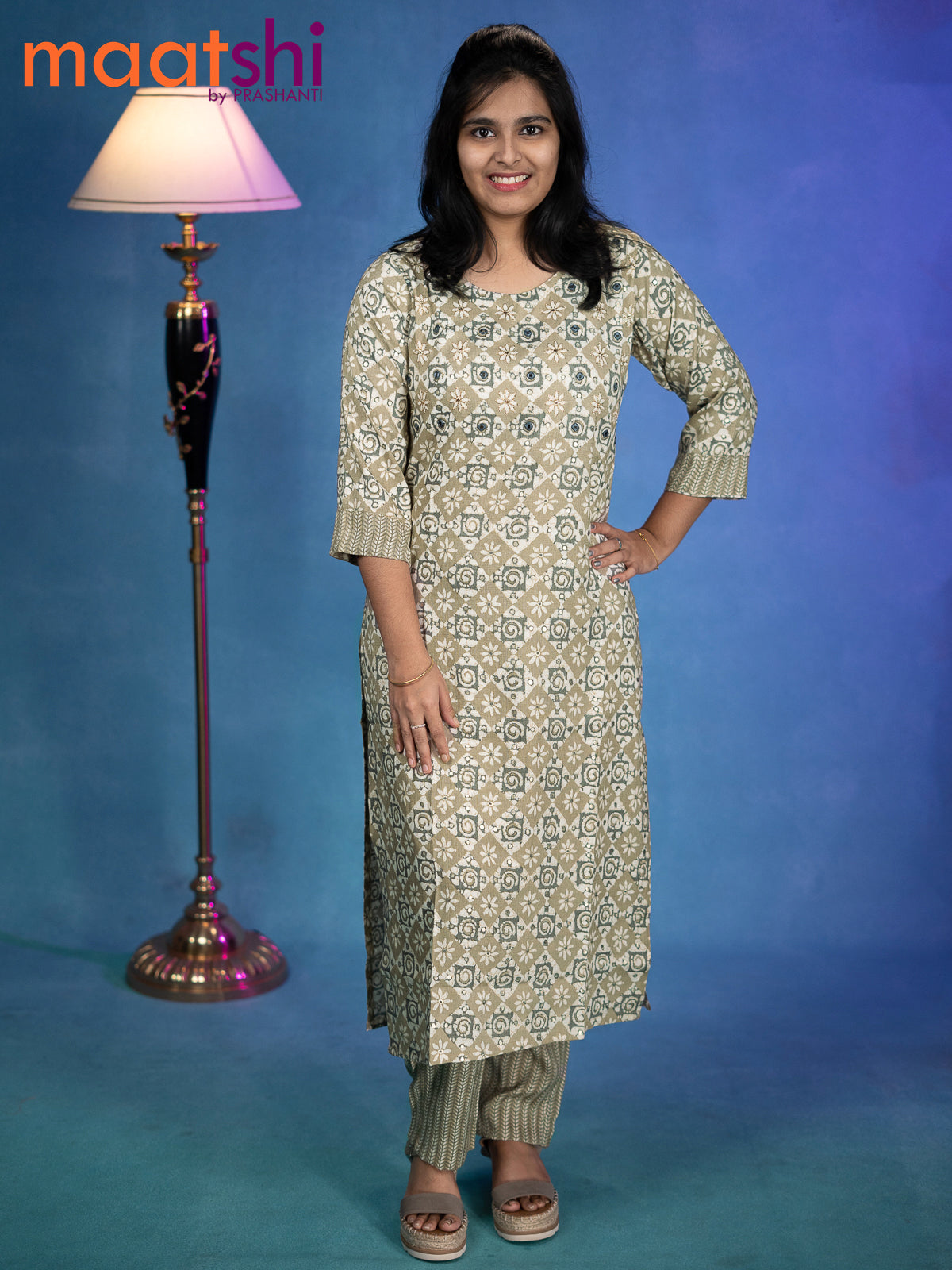 Satin cotton readymade kurti chikku shade with allover batik prints & embroidery work neck pattern and straight cut pant