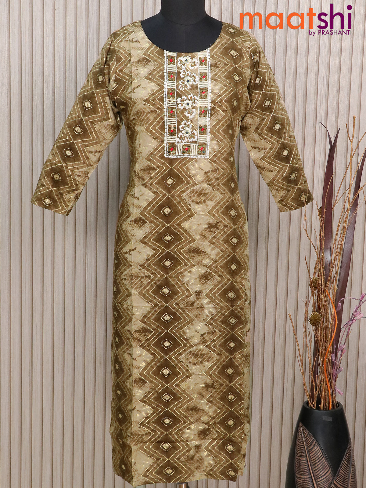 Soft cotton readymade kurti beige and brown shade with tie & dye prints embroidery work neck patternand without pant