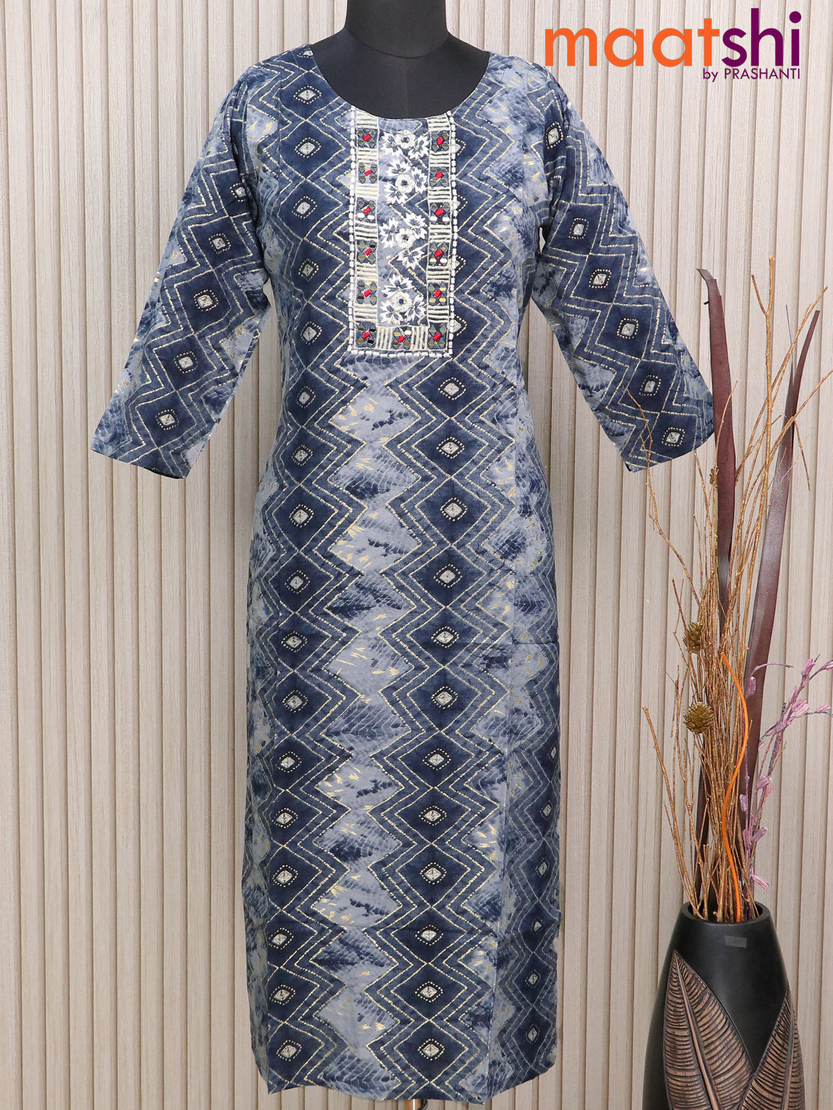 Soft cotton readymade kurti dark blue and grey with tie & dye prints embroidery work neck patternand without pant