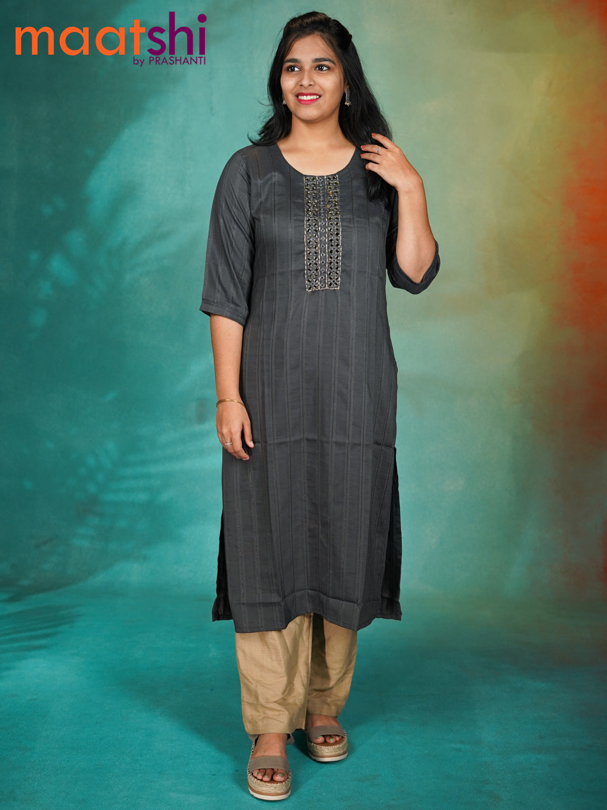 Soft cotton readymade kurti grey with mirror work neck pattern without pant