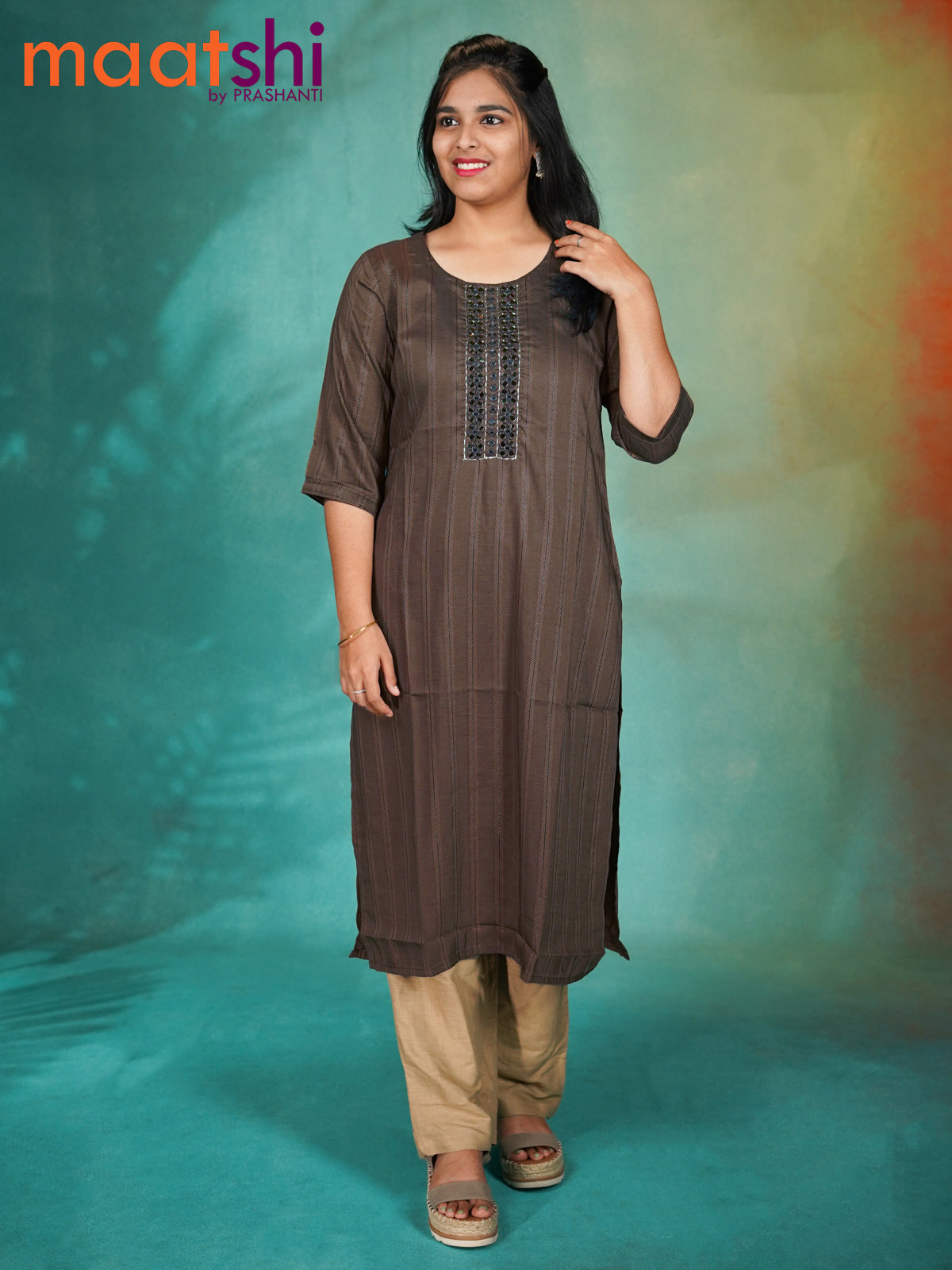 Soft cotton readymade kurti brown with mirror work neck pattern without pant