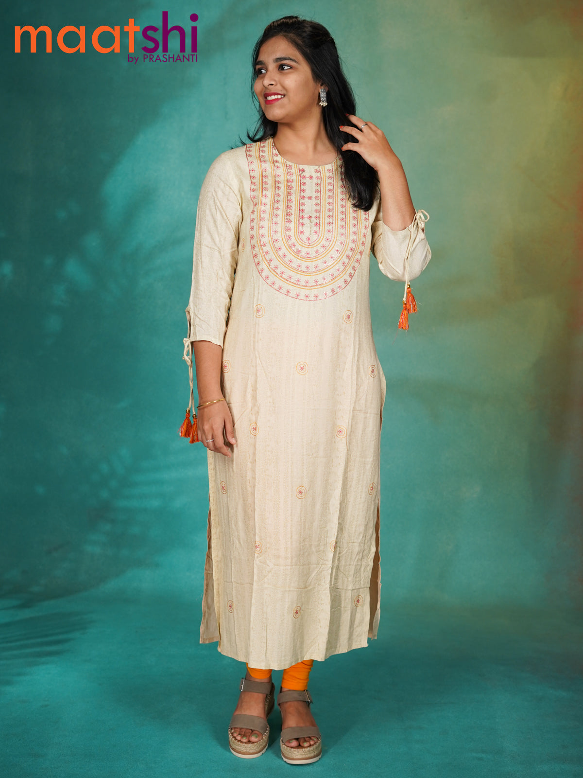 Soft cotton readymade kurti beige with embroidery work neck pattern without pant