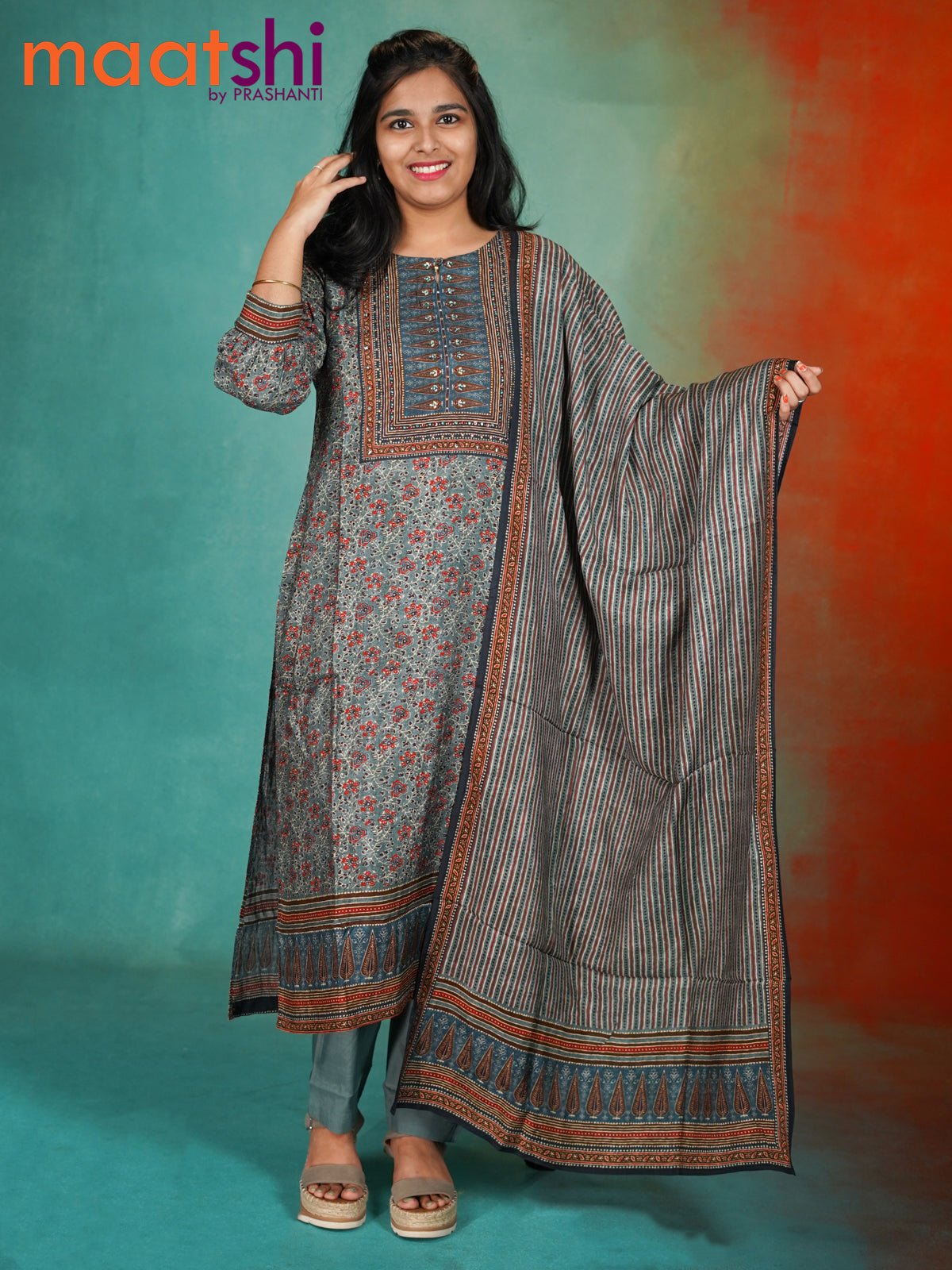 Muslin readymade kurti set greyish blue with allover floral prints & stone work neck pattern and straight cut pant & dupatta