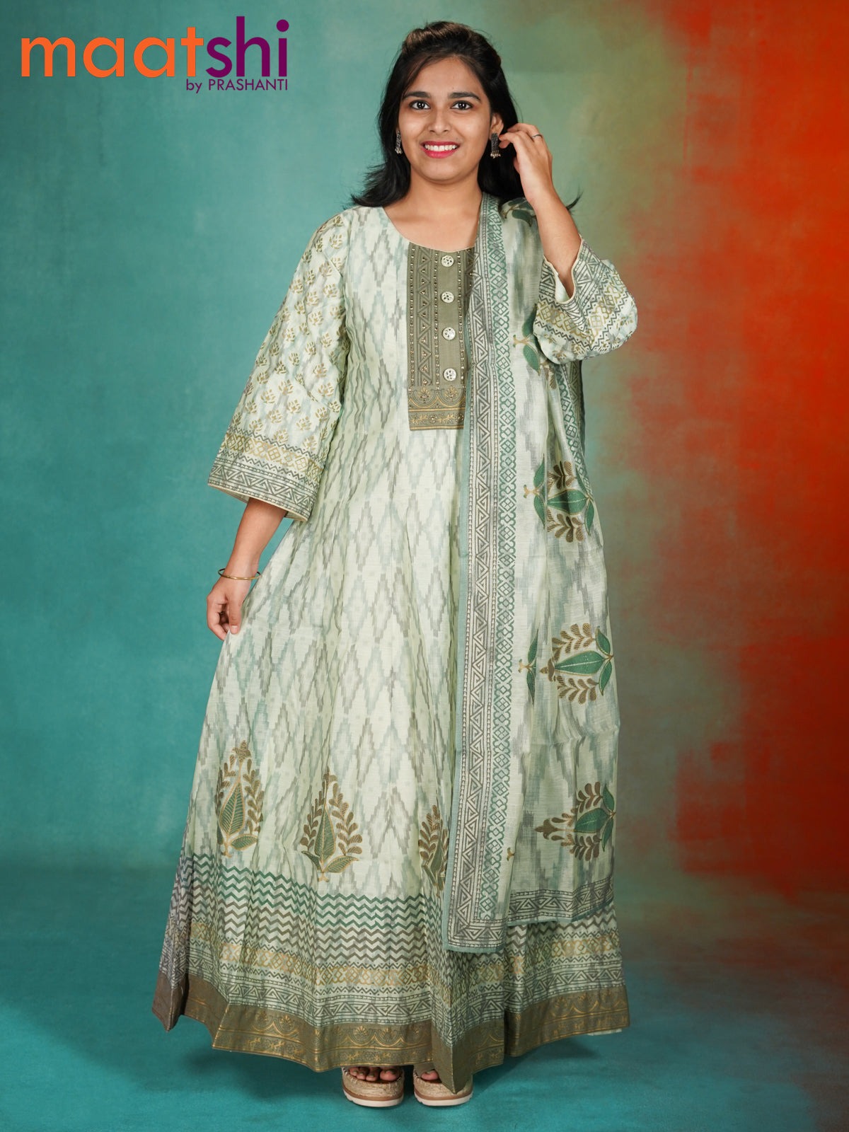 Chanderi readymade anarkali suit pastel green shade with allover ikat weaves & stone work neck patten and straight cut pant & dupatta