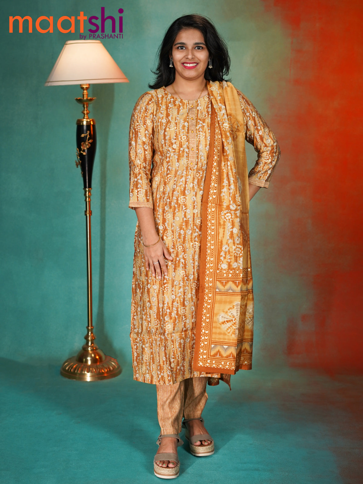 Modal readymade kurti set sandal and dark mustard with allover batik prints & simple neck pattern and straight cut pant & dupatta