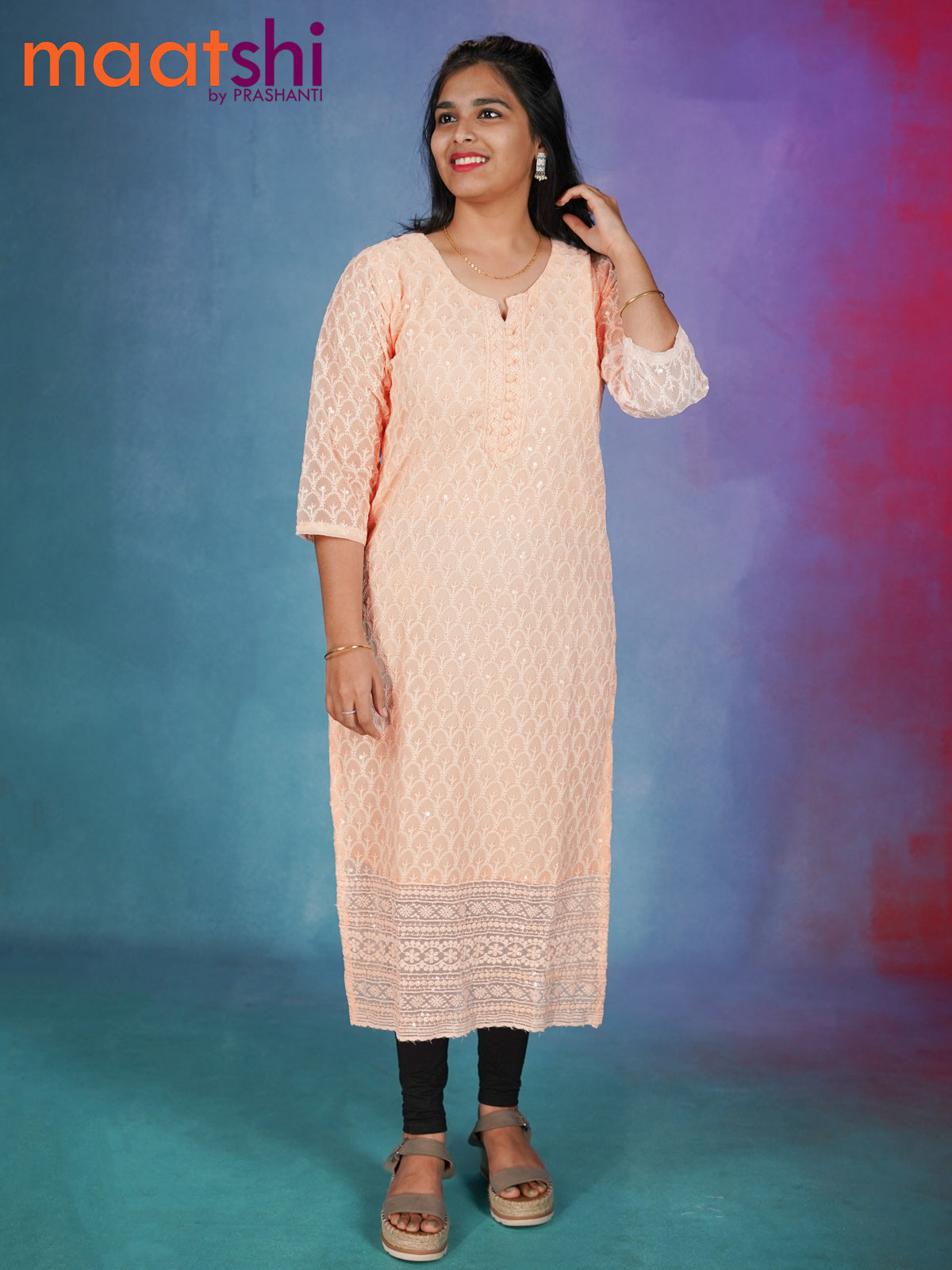 Semi georgette readymade kurti mild peach with chikankari work without pant