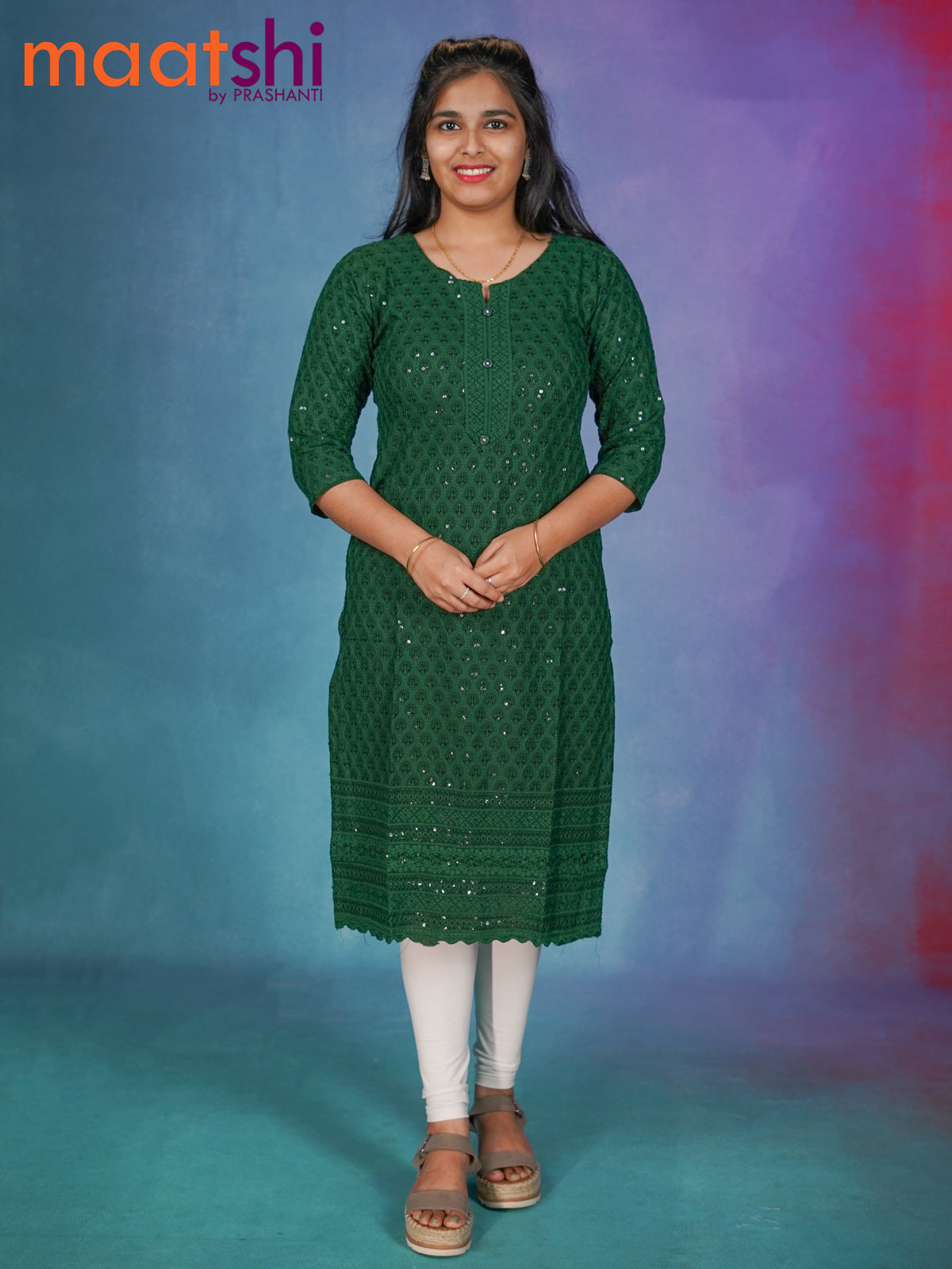 Semi georgette readymade kurti dark green with chikankari work without pant