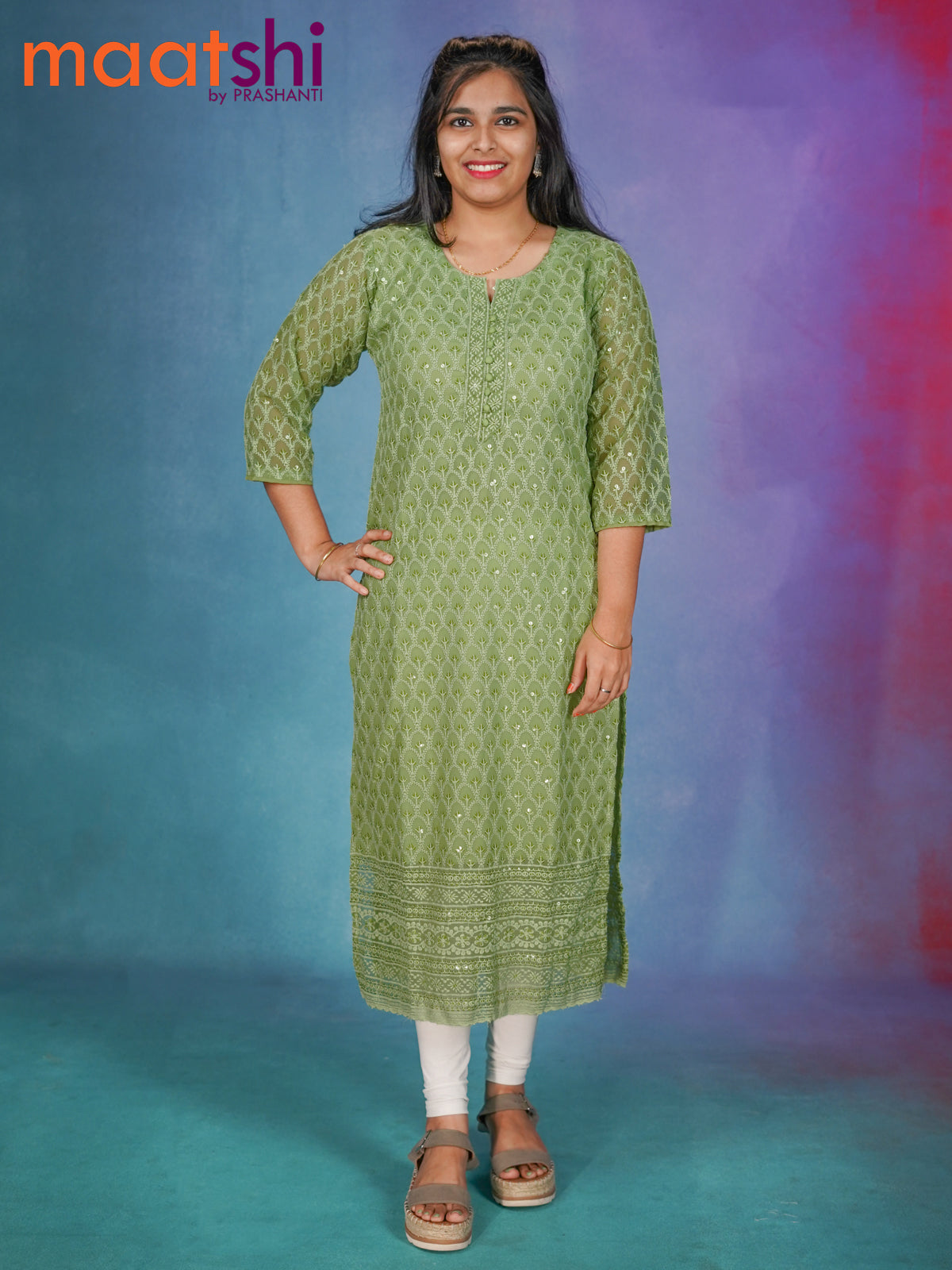 Semi georgette readymade kurti green shade with chikankari work without pant