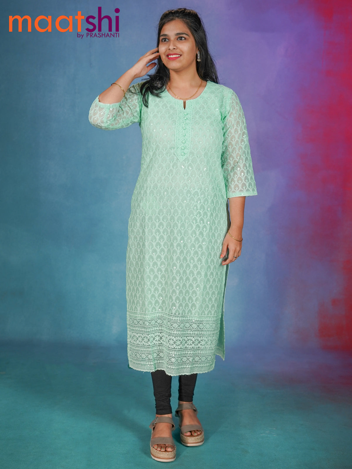 Semi georgette readymade kurti teal green shade with chikankari work without pant