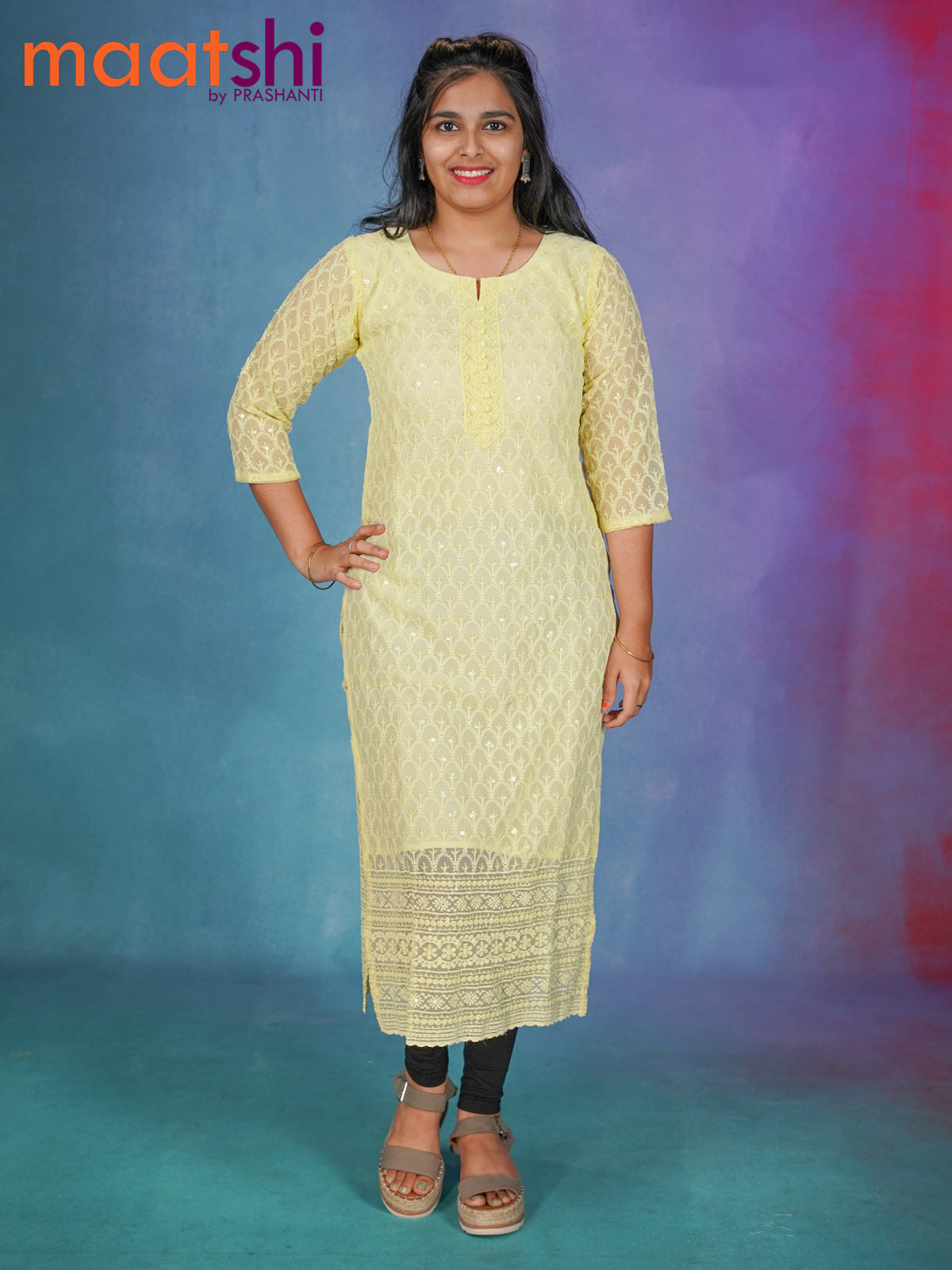 Semi georgette readymade kurti pale yellow with chikankari work without pant